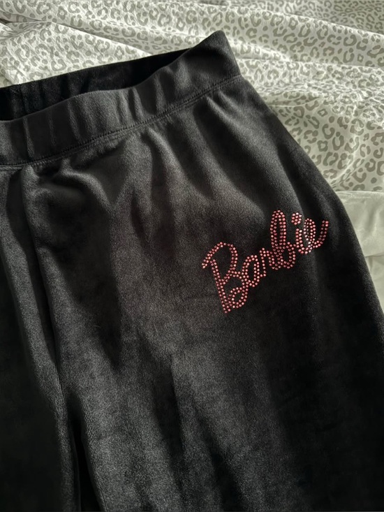 Barbie Pants - BARBIE 💖 Black Velour Pants with Pink Rhinestone Logo